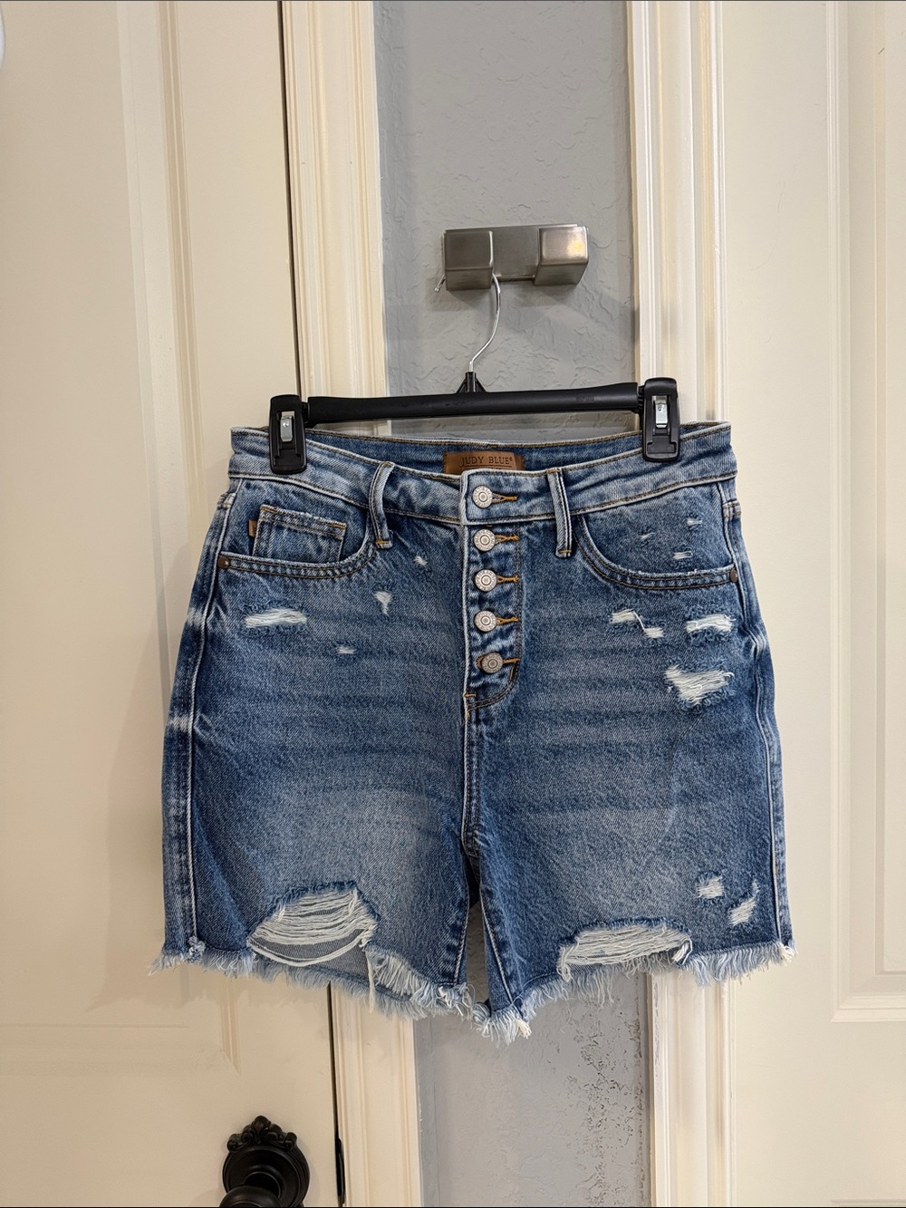 Judy Blue Distressed High-Rise Button-Fly Jean Shorts in Medium Blue